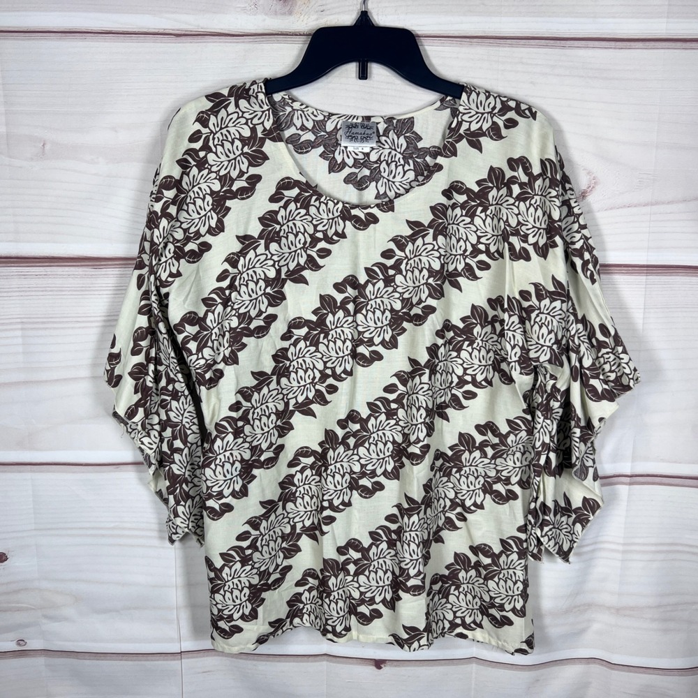 Hamakua Hawaiian Top Women Small Cream Brown Floral Rayon Kimono Sleeve Blouse